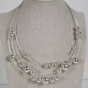 KR Silver Tone Ball Bead Double Strand Wire Station Necklace 18.5 In Lobster